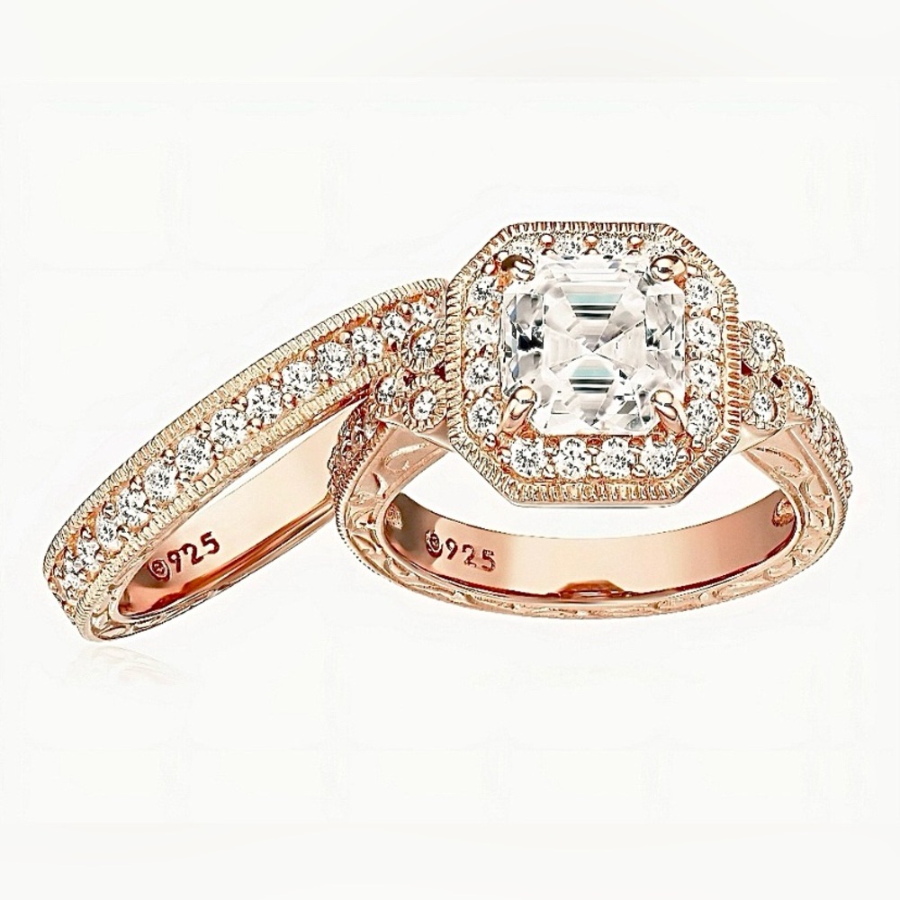 Rose Gold sterling silver Engagement Ring Set with Swarovski Stones Asher Cut - Picture 3 of 11